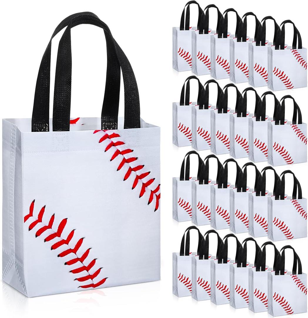 Huhumy 24 Pcs Sports Party Favor Bags Football Basketball Baseball Soccer Treat Goodie Gift Bag with Handles for Party Gift(Baseball)