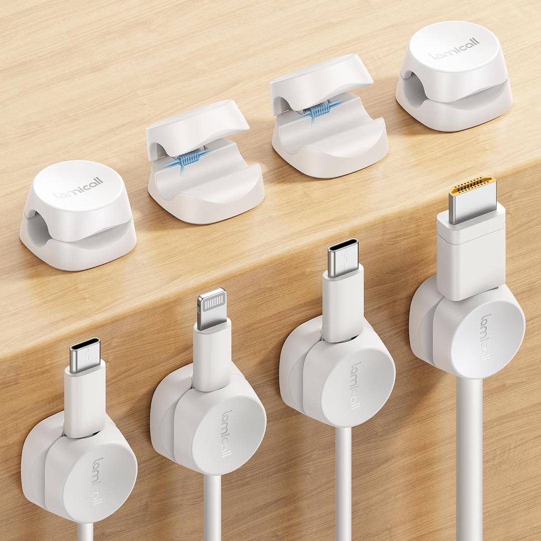 8Pack Cord Organizer [1s Lock] Spring Cable Management Clips - Lamicall Desk Cord Holder, Adhesive Cute Round Cable Clip, Phone Charger Wire Organizer Keeper for Nightstand Car Office Accessory, White