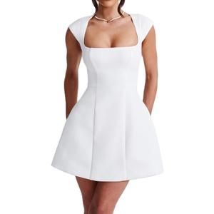 Aopwsrlyi Women's Square Neck Cap Sleeve Mini Dress Sleeveless Back Zipper A Line Party Club Dresses (Medium, White)