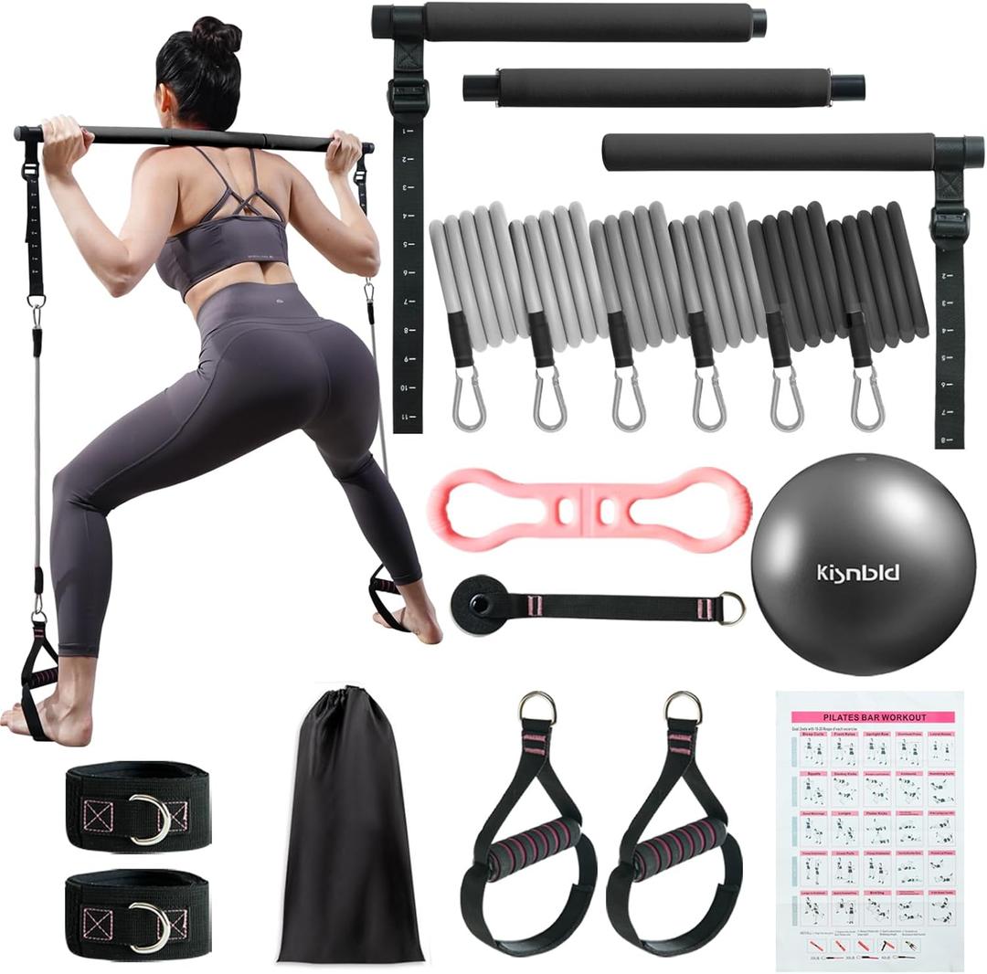 Pilates Bar Kit with Resistance Bands, Multifunctional Pilates Bar with 3 Set Exercise Resistance Bands, Portable Pilates Equipment for Women Home Gym Yoga Workouts (Jet Black)