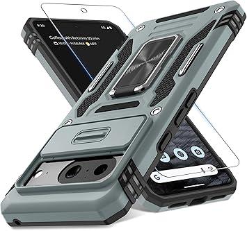 DEERLAMN Case for Google Pixel 8a with Slide Camera Cover+Screen Protector (1 Pack), Rotated Ring Kickstand Military Grade Shockproof Protective Cover - Grey