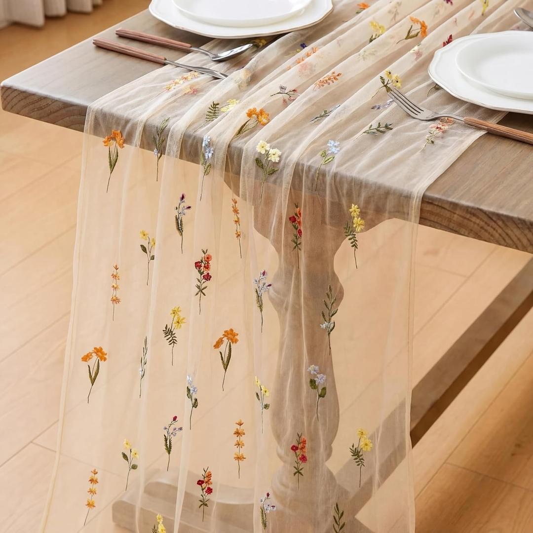 Boao 1 Wildflower Table Runner Embroidery Tulle Spring Summer Table Runner 120 Inch 10 ft Kitchen Dining Decoration for Wedding Baby Shower Bridal Shower Home Decor Birthday Party (Champagne)