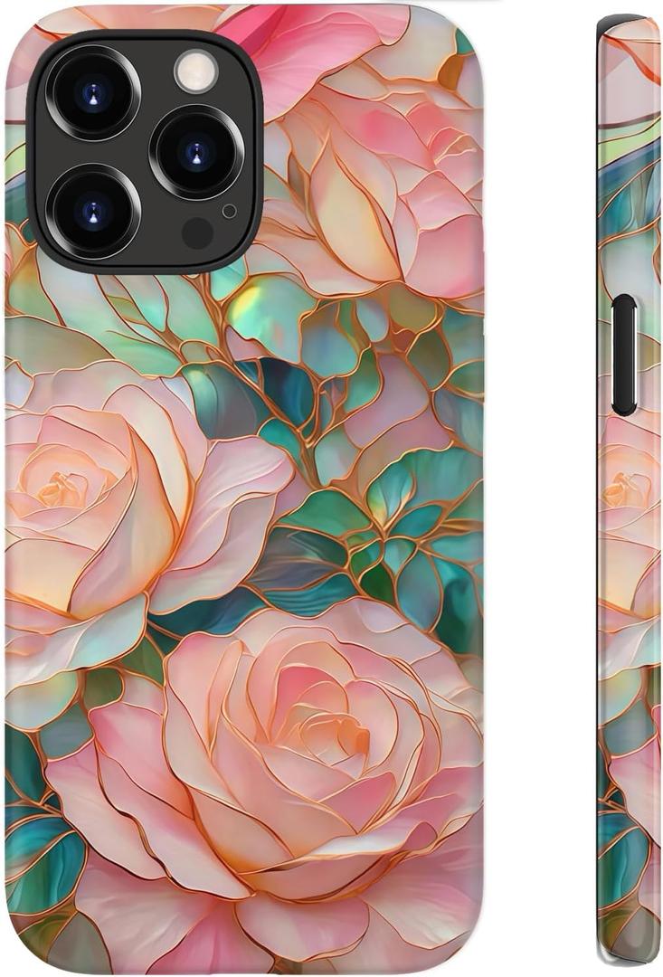for iPhone 15 Pro Case Cute - Wireless Charging Compatible - Dual-Layer Hard Shell + Silicone Cover - Aesthetic Protective Trendy Phone Case for Women - Blooming Pink Rose