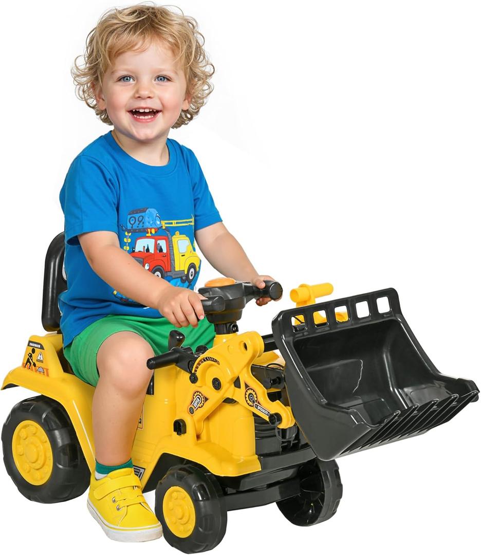 HOMCOM Ride On Excavator, Kids Bulldozer Pull Cart with Horn, Under Seat Storage, Sit and Scoot Pretend Play Toy Construction Car for Ages 18-48 Months