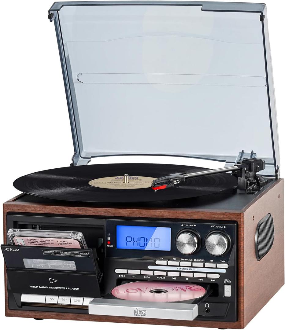 9-in-1 Record Player Bluetooth Turntable with Built-in Stereo Speakers, AM/FM Radio, CD & Cassette Player, USB/SD Playback, Remote Control for Vinyl Lovers and Music Enthusiasts (Dark Brown-2)