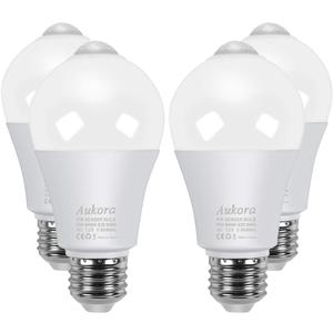 Aukora Motion Sensor Light Bulbs 4-Pack, 12W (100-Watt Equivalent) E26 Motion Activated Dusk to Dawn Security Light Bulb Outdoor/Indoor for Front Door Porch Garage Basement Hallway Closet (Cold White)