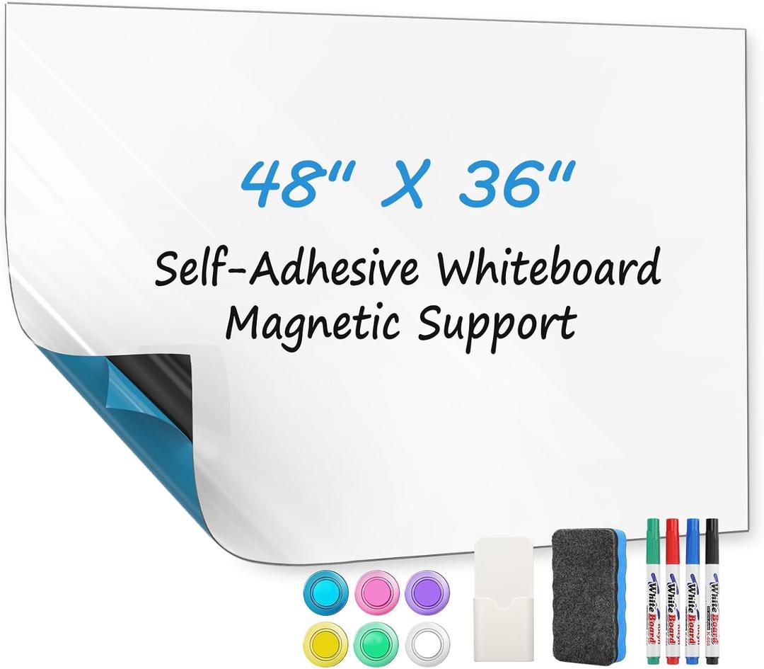 MaxGear White Board 48"x36" Adhesive Dry Erase Board Large Whiteboard Sticker for Wall, Big Wallpaper for Office, Classroom, Home, 4 Markers, 1 Marker Holder, 1 Eraser, 4 Magnets, 4' x 3'