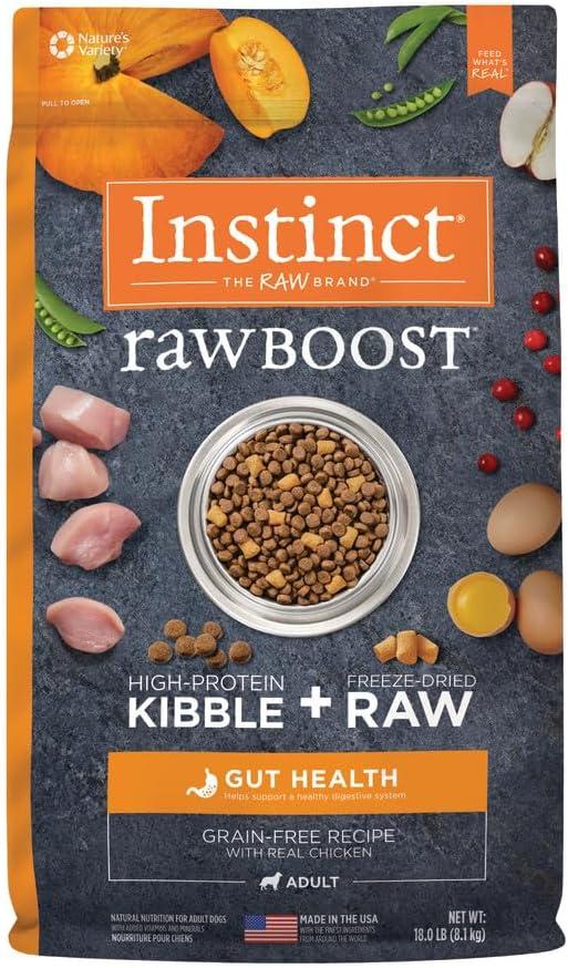 Instinct Raw Boost Gut Health, Natural Dry Dog Food with Freeze Dried Pieces, Grain Free Recipe - Real Chicken, 18 lb. Bag, EXP 11/11/2026