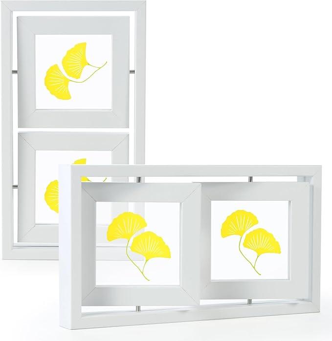 MIBYIBER 2 Pack 4x6 Rotating Floating Picture Frames, White Wood Floating Photo Frame DoubleSided Display with Crystal Glass for Tabletop, Desk or Shelf