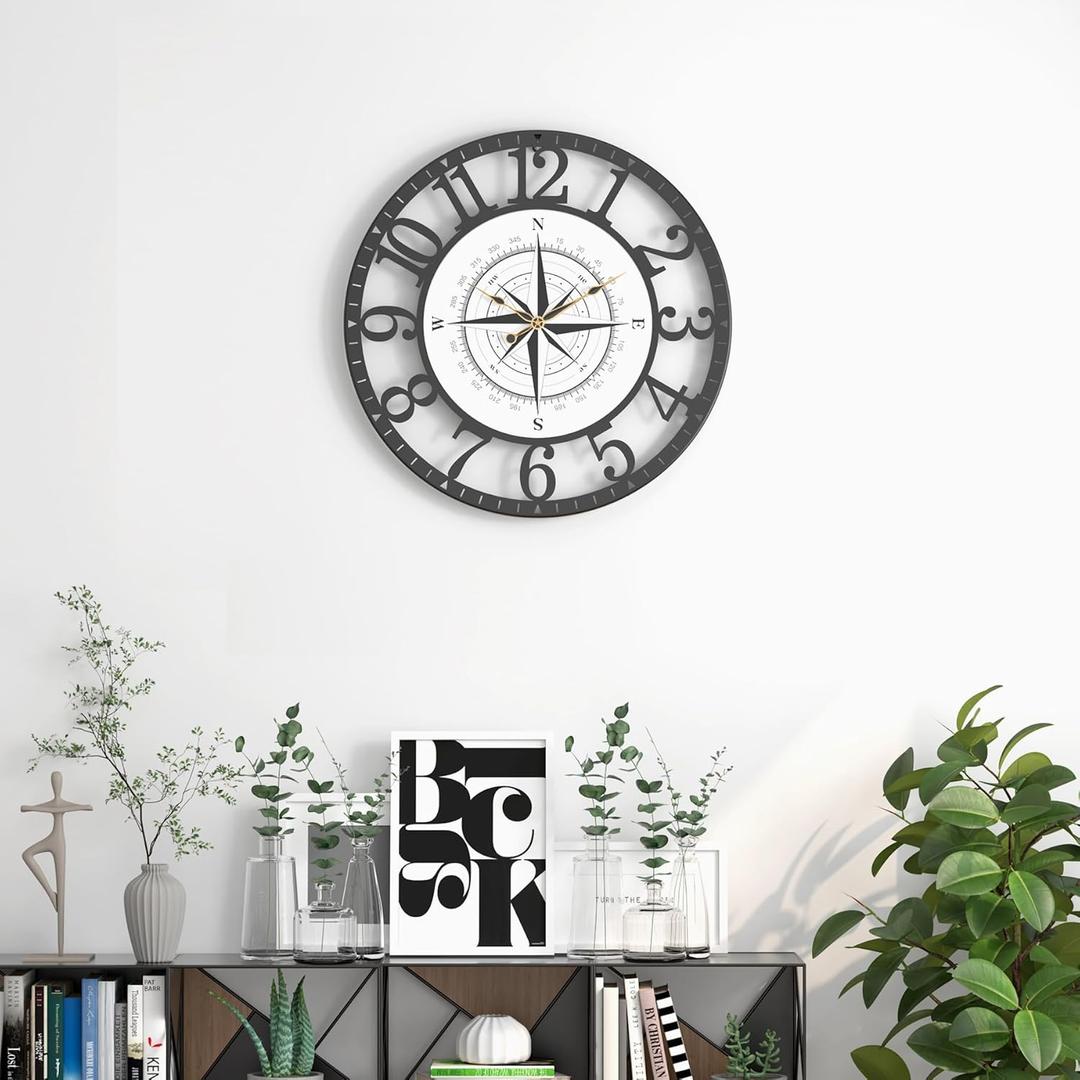 Modern Wall Clock, Tempered Glass Compass Pattern Dial Wall Clock Metal Frame Silent Non Ticking Wall Clocks (2. X-Large(14 in))