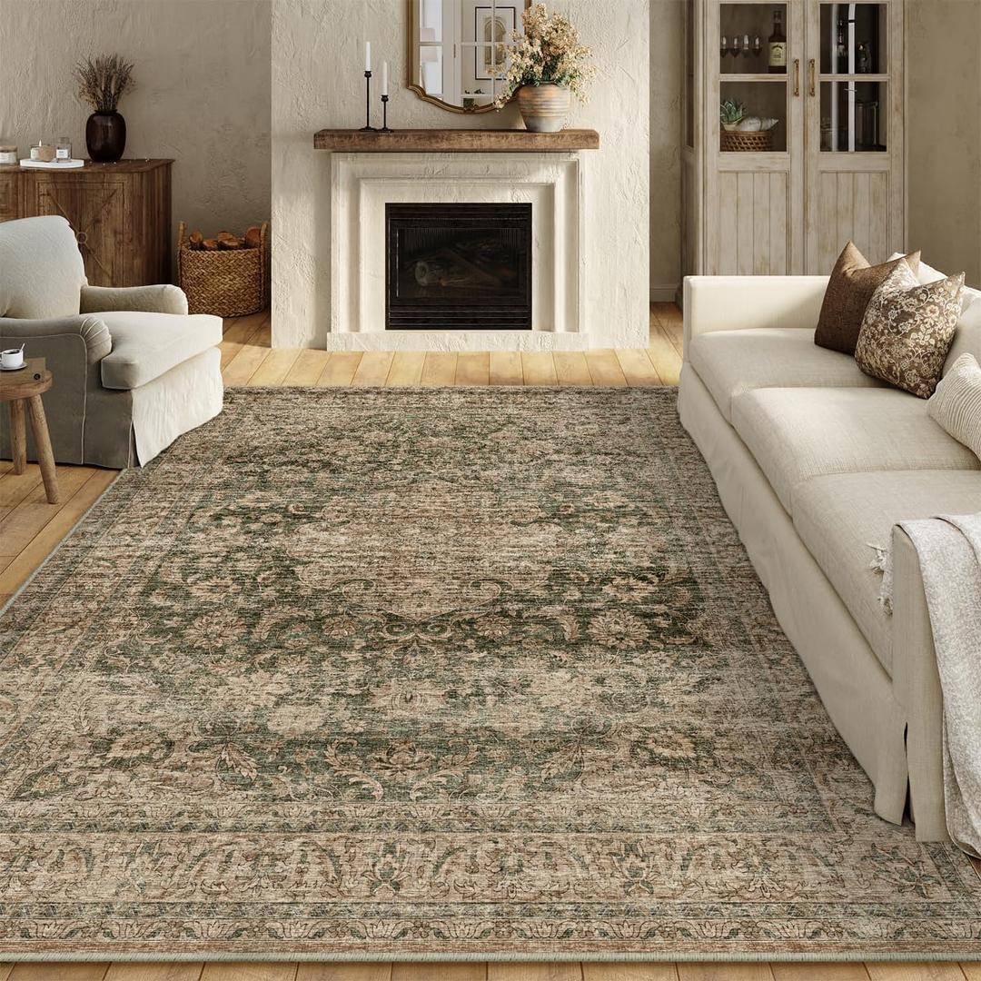 9x12 Washable Area Rug Green Brown Vintage Non Slip Soft Low Pile Rug for Living Room Bedroom Dining Room Office Distressed Oriental Indoor Large Throw Carpet for Home Decor