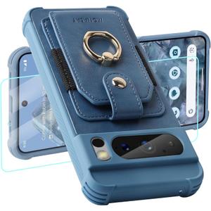 MONASAY Wallet Case Compatible for Google Pixel 8 Pro 5G with 360 Rotation Ring Stand[Screen Protector][RFID Blocking] Leather Phone Cover with Card Holder for Women and Men, 6.7 inch, Light Blue