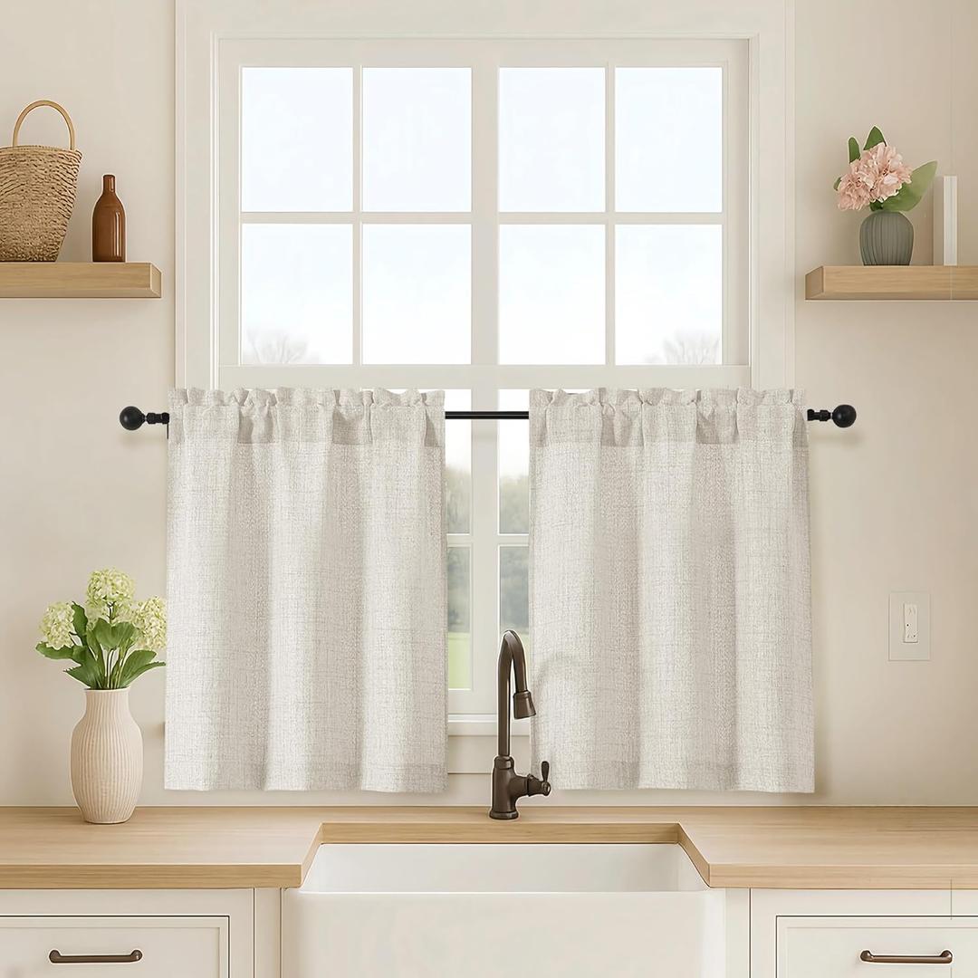 OVZME Natural Kitchen Curtains 24 Inch Length, Light Filtering Faux Linen Textured Small Cafe Curtains, Short Window Curtain Tiers for Cabinet Bathroom Basement RV Camper, 30Wx24L Inch, 2PCS
