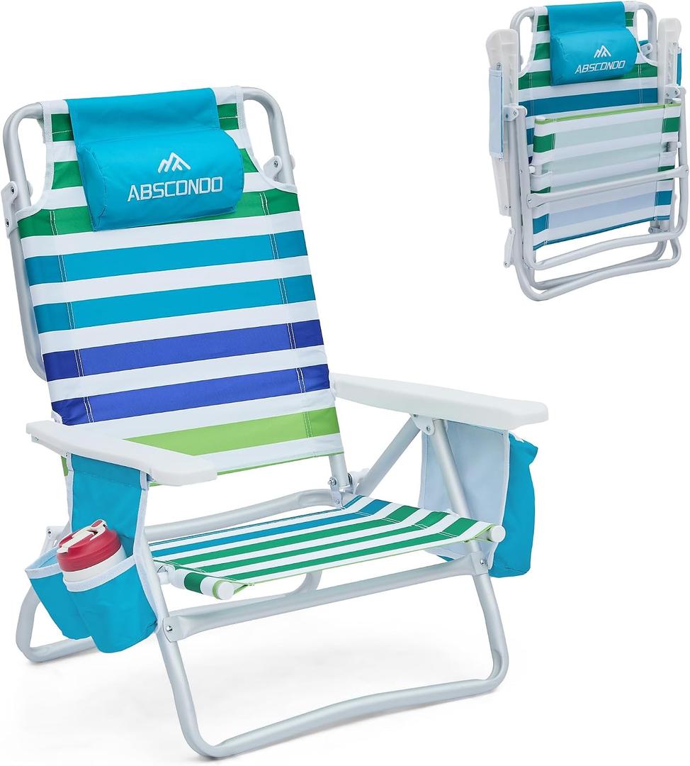 Beach Chair, Beach Chairs for Adults,Outdoor Folding Beach Chairs for Adults, Supports up to 350lbs with 5 Positions, Towel bar, Cooler Pouch, Storage Pouch.