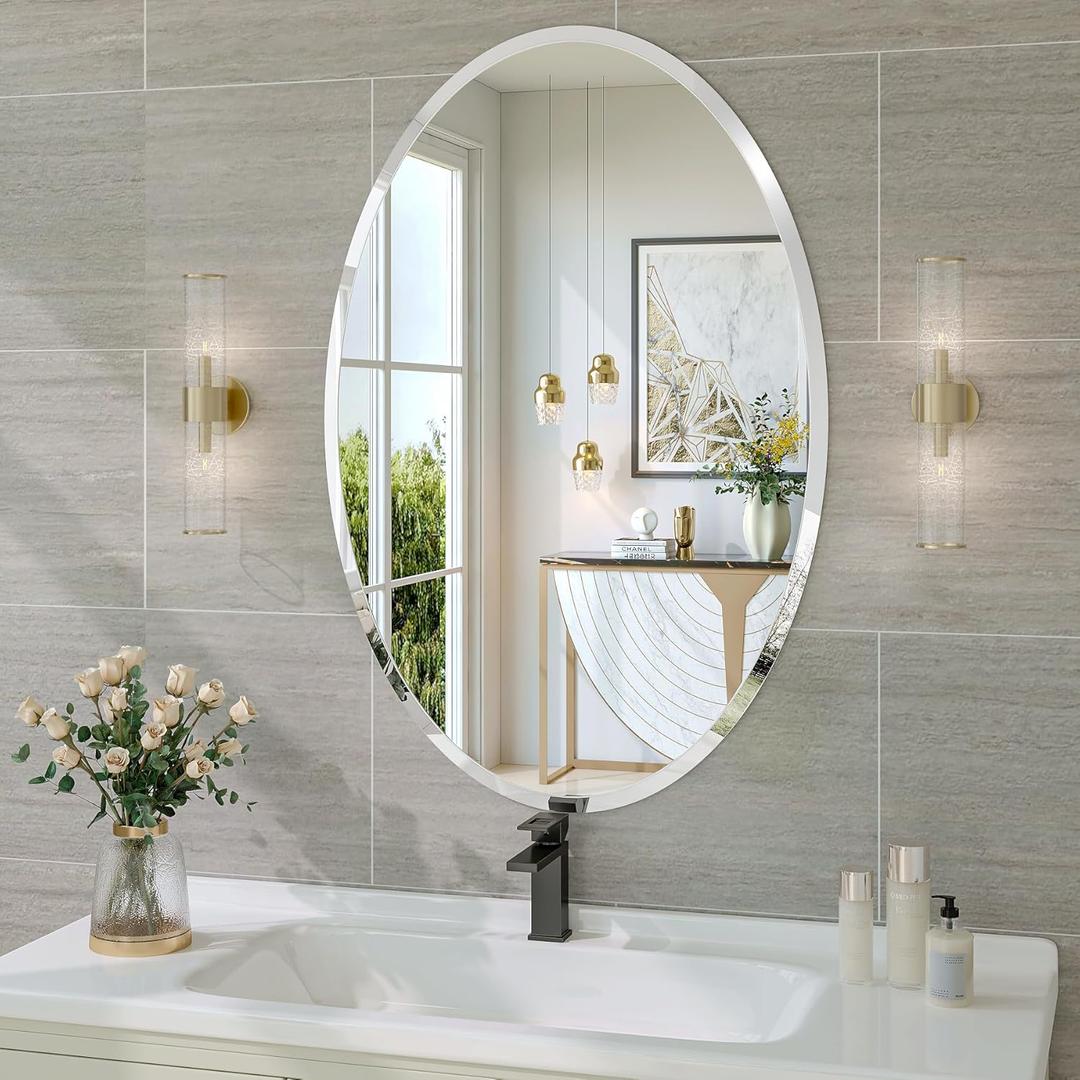 Frameless Oval Mirror, 24"x36" Bathroom Vanity Mirrors with Beveled Edge, Decorative Oval Wall Mirrors for Bedroom, Entryway, Living Room, Hangs Horizontally or Vertically