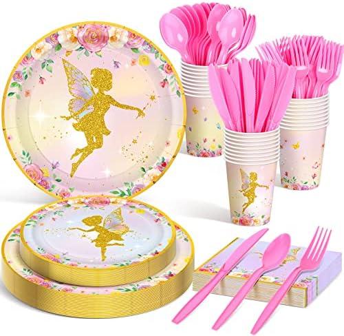 Meanplan 168 Pcs Fairy Party Supplies Fairy Plates and Napkins Fairies Tableware Set Plate Napkins Cups Knives Fork Spoon for Birthday Baby Shower Fairies Enchanted Party Decorations Serves 24 Guests