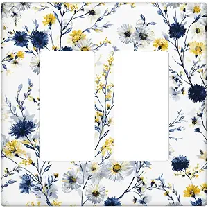 YGMMWP Decorative Light Switch Cover Plate Rustic Blue Flower Yellow Floral 2 Gang Outlet Covers Double Toggle Wall Plates for Electrical Outlets Switch Plate Covers Faceplate for Country Home Decor