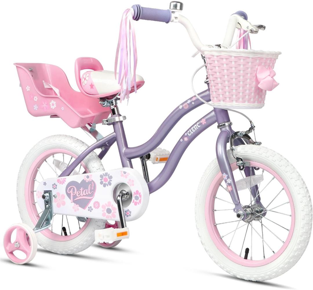 Glerc Petal 14 Inch Girls Bike for Ages 3-5 Years, Kids Bike with Training Wheels, Basket & Streamers, Princess Style Kids Bicycle, Toddler Bike Birthday Gift for Girl