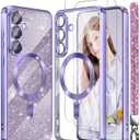 Magnetic for Samsung Galaxy S25 FE 5G Case + 2X Screen Protectors,Luxury Plated Gold Edge [Glitter Card&Wrist Strap] Slim Soft Crystal Clear TPU Shockproof Case Cover for S25 FE-Light Purple
