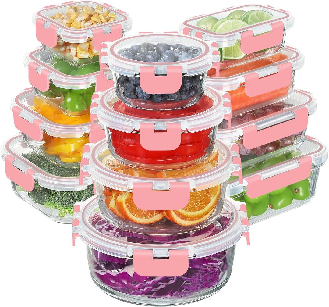 BAYZZ 24 Piece Glass Food Storage Containers with Lids, Airtight Glass Meal Prep Containers for Kitchen, BPA-Free Lunch Box, Microwave and Freezer Safe,Pink