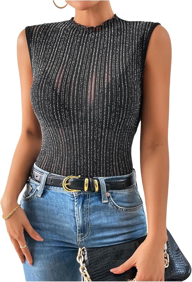 SOLY HUX Women's Sparkly Mock Neck Tank Top Sleeveless Lettuce Trim Elegant Party Tops (L)