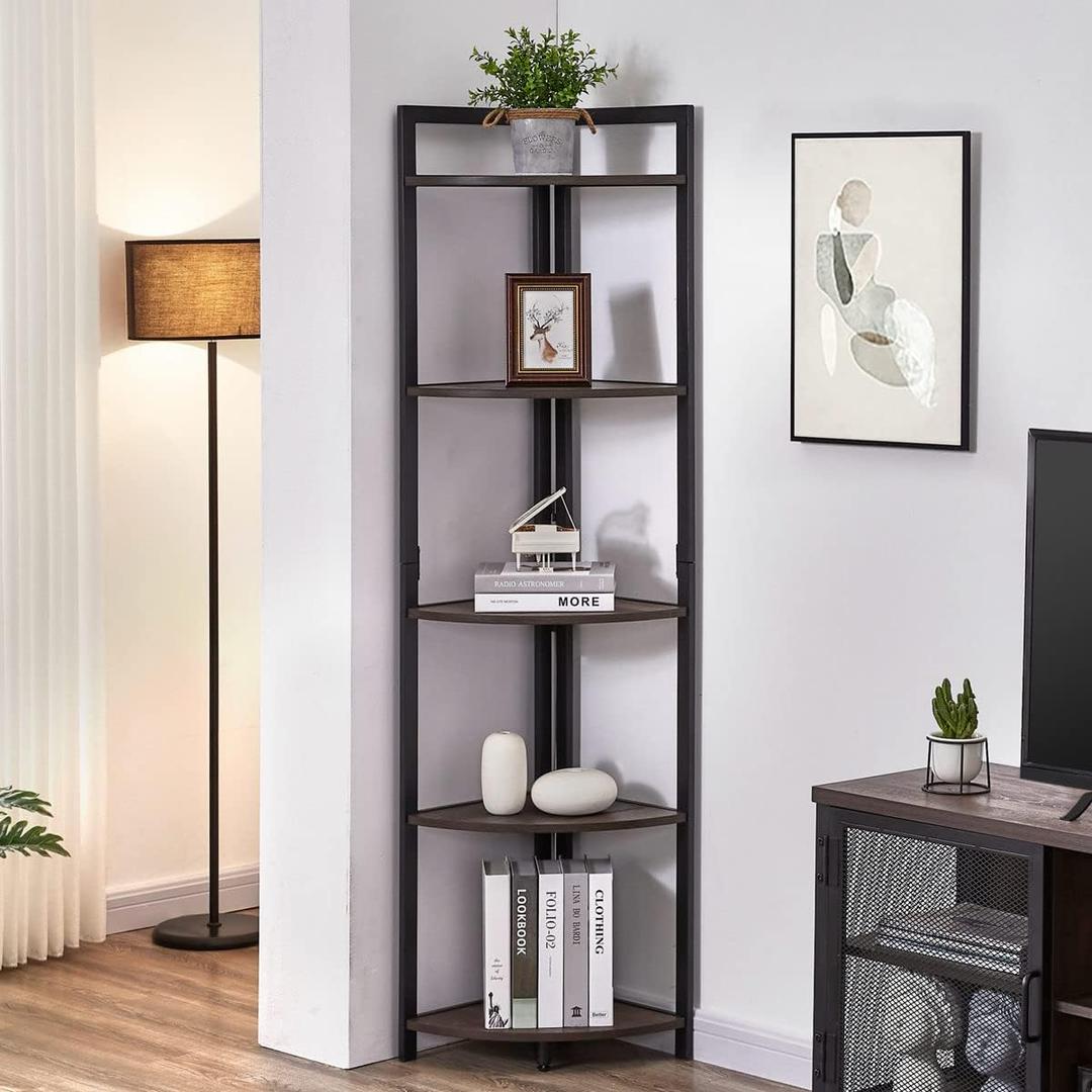 FATORRI Rustic Tall Corner Shelf, 5 Tier Industrial Corner Bookshelf for Living Room, Dark Wood and Metal Corner Plant Stand for Home Office (Walnut Brown), 14.17D x 14.17W x 65.94H in