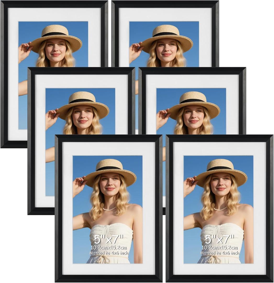 Edenseelake 5x7 Picture Frame Set of 6, Display 4x6 Picture with Mat or 5x7 Without Mat, Black Photo Frame for Wall Hanging or Tabletop