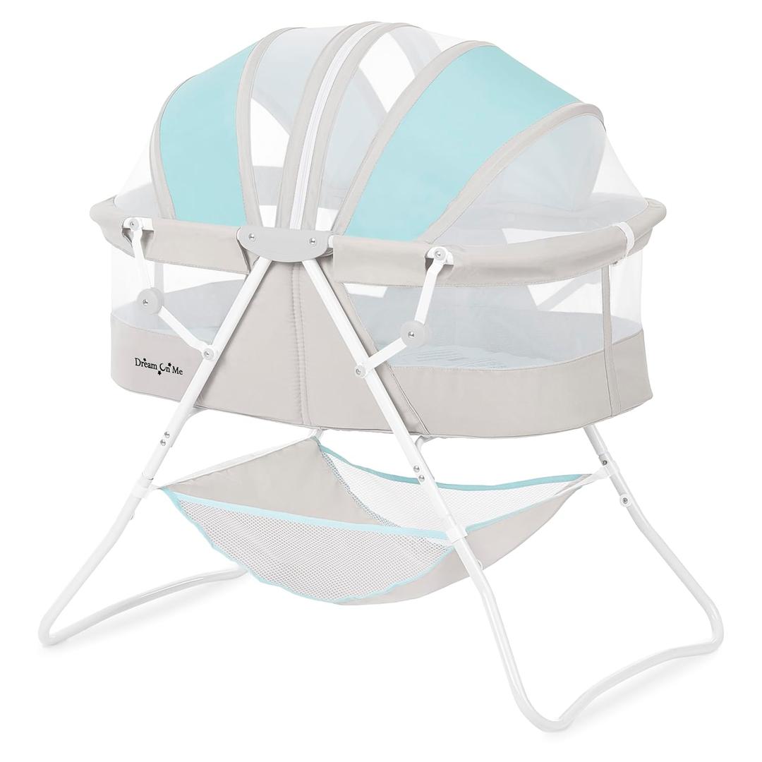 Dream On Me Karley Bassinet, Award Winner Lightweight Travel Baby Bassinet, Foldable Bedside Sleeper, Adjustable Double Canopy, Spacious Design, Soft Fabric, Storage Basket Blue and Grey