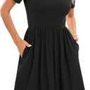 2024 Women's Summer Casual Short Sleeve Pleated A-Line Midi Loose Fit Swing Dresses T-Shirt Flowy Sundress with Pockets Black, X-Large (Black, XL)