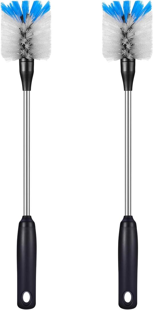 MOSOLAN Stainless Steel Bottle Brush with Replaceable Head, 2 Pack Long Handle Scrubbing Brush for Water Bottles, Glasswares, Mugs, Flasks, Tumblers, Vases, and Kitchen Sink, 15 in