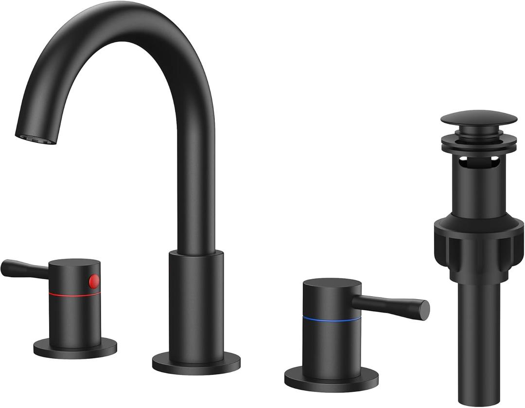 FORIOUS Black Bathroom Faucet 3 Hole, 360 Swivel 8 Inch Widespread Bathroom Sink Faucet with Deck Plate and Pop Up Drain 2 Handle Faucets for Sink, Vanity, RV, Lavatory, Farmhouse
