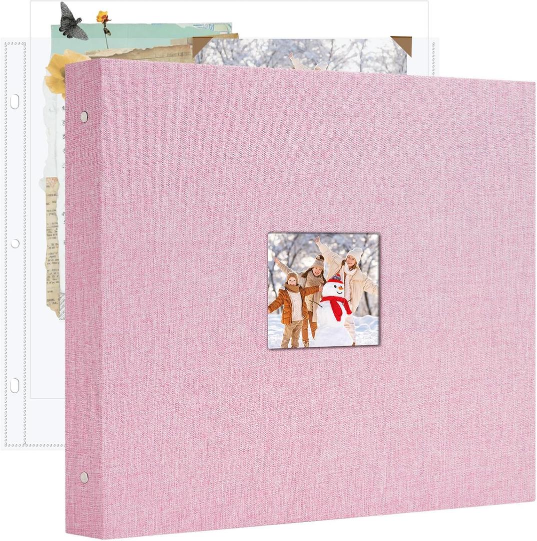 12x12 Inch Large 3 Ring DIY Scrapbook Photo Album, Linen Cover Scrapbook with 20 Sheets Plastic Sleeves 40 Pages Memory Book for Wedding Birthday Baby Family (Pink)
