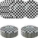 SietDESEO 50 PCS Race Car Dessert Plates 7 Inch Black and White Checkered Paper Plates Dinner Plates for Racing Theme Party Birthday Baby Shower Decoration Disposable Party Plates