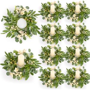 8 Pcs Green Eucalyptus Candle Rings Wreaths Spring Summer Kitchen Cabinet Wreaths Mini Green Berry Leaves Candle Wreath for Pillars Farmhouse Festival Wedding Celebrations Tabletop Decoration