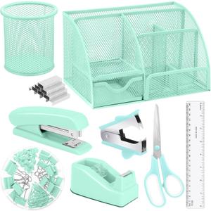 auroray Green Desk Organizers and Accessories, Teal Office Supplies Set Green Mesh Desk Organizer, Stapler, Tape Dispenser, 1000 Staples, Staple Remover, Pen Holder, Clips Set, Ruler, Scissors