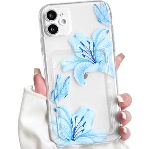 NITITOP Compatible with iPhone 12 Case with Card Holder Clear Cute Floral Lily Flowers Butterfly for Women Girls Soft TPU Shockproof Wallet Case Protective Phone Cover - Blue
