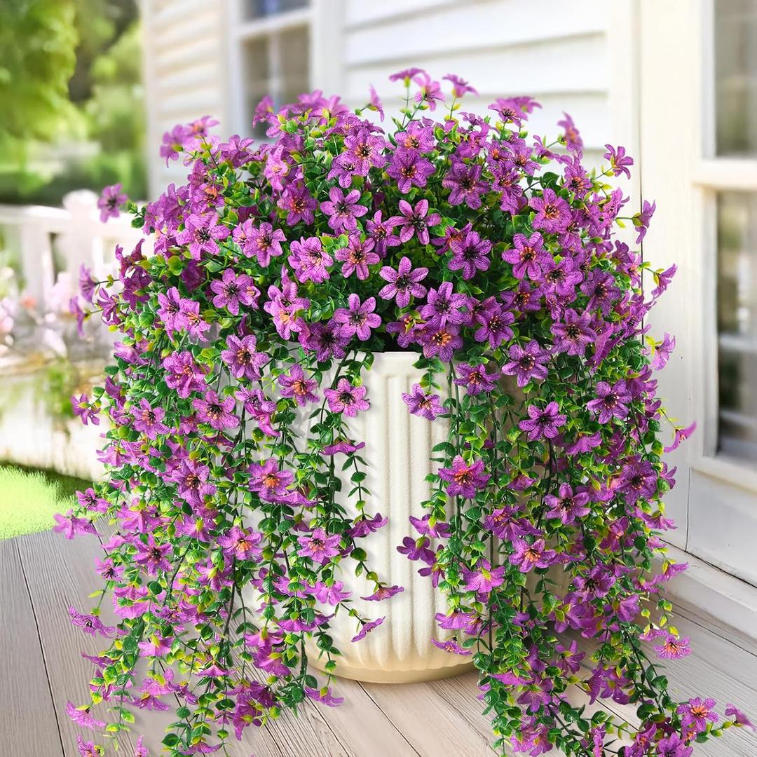 Artificial Fake Hanging Flowers Plants for Outdoor Spring Decoration,2 PCS Faux Silk Daisy with Eucalyptus Leaves,UV Resistant Look Real for Outside Home Indoor Planter Porch Patio Balcony Yard Decor