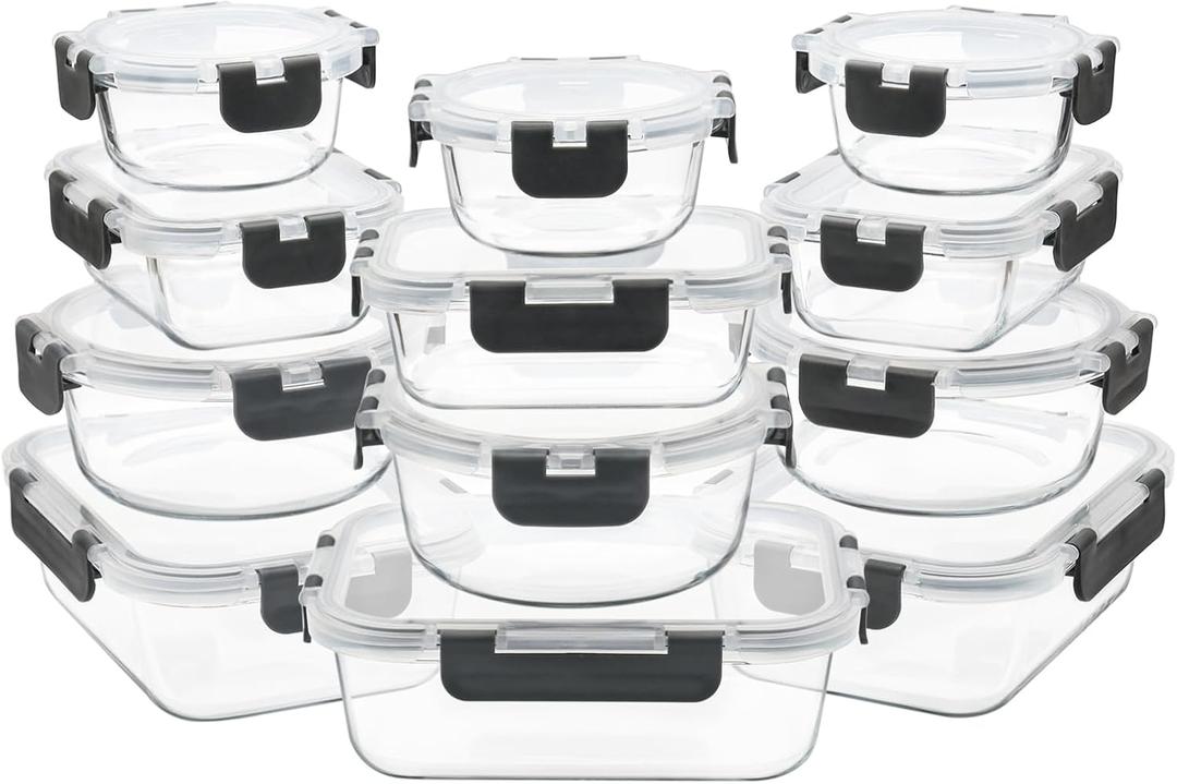 12 Pack Glass Food Storage Containers with Airtight Lids for Meal Prep, Leftover, BPA-Free, Leak-Proof, Freezer to Microwave Safe (12 Lids & 12 Containers) (Mixed Sizes,Round&Rectangular -12 Pack,Grey Set)