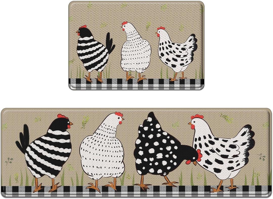 Anti-Fatigue Rooster Kitchen Rug Set of 2 Cushioned Chicken Rugs for Kitchen Floor, Country Farmhouse Standing Mat Waterproof Non-Slip Kitchen Mats and Rugs PVC Ergonomic Comfort Foam Kitchen Decor (17.3 x 59 in + 17.3 x 29 in)