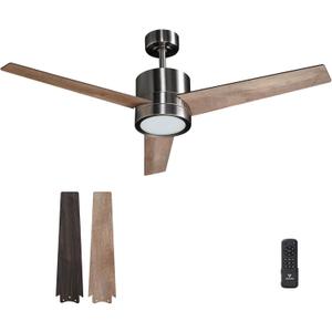 52 Inch Ceiling Fan Brushed Nickel Remote Controlled Dimmable Light Combo - Quiet Reversible - 3 Blades