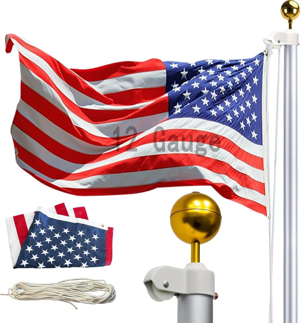 iElyiEsy 12 Gauge 20FT Heavy Duty Flag Pole with Aluminum Ball,Extra Thick Aluminum Flagpole Kit for Outside House In Ground, 120MPH Wind Tested,3'5' American Oxford Embroidery Flag,Silver