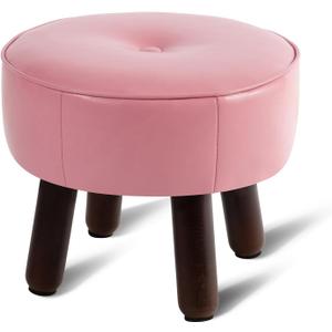 Small Foot Stool Round Pouf Ottoman, 13'' Leather Foot Rest with Non-Skid Rubber Legs, Foolstool Ottomans for Couch, Sofa Footrest Step Stool for Living Room Bedroom Entryway Office, Pink