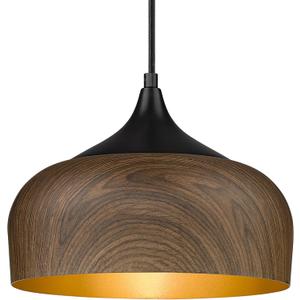 ELYONA Modern Pendant Light Walnut Wooden Pattern Dome Pendant Light Fixture Matte Black Metal Gold Inner Finish Adjustable Hanging Lighting for Kitchen Island Dining Room Office Hallway Foyer Bedroom