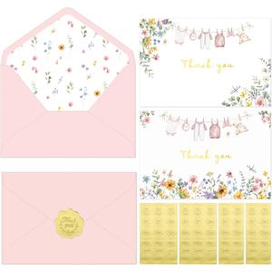 Thboxes 50 Pack Pink Baby Shower Thank You Cards with Envelopes and Stickers for Girl, Thank You Notes with Envelopes Set Bulk, Blank Greeting Cards for Birthday Baby Shower Party
