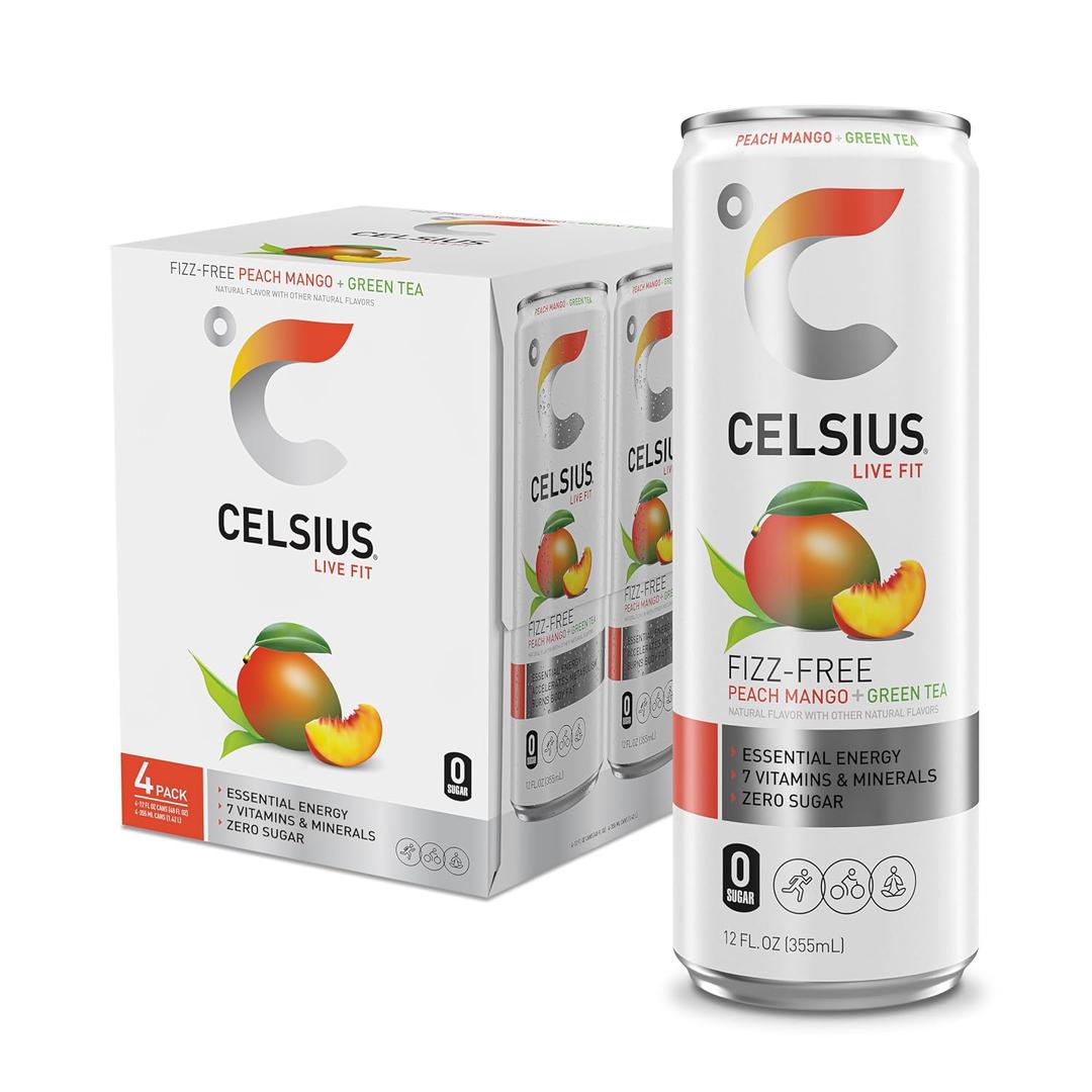 CELSIUS Fizz Free Peach Mango Green Tea, Sugar Free Energy Drink, 12 Fl Oz (Pack of 4), BB Date: 06/ 26