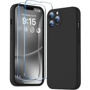 BossKiss Compatible with iPhone 13 Pro Max Case, Premium Liquid Silicone Case [Velvety Touch] [2 Pcs 9H Tempered Glass Screen Protector], Camera All-Round Protection Shockproof Kit Case, Black
