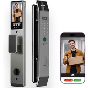 3D Face Recognition Smart Door Lock with Video Intercom, Tuya App Remote Access, Biometric Fingerprint & Palm Print Unlock, Heavy Duty Aluminum Mortise Lock for Home & Office, Gray