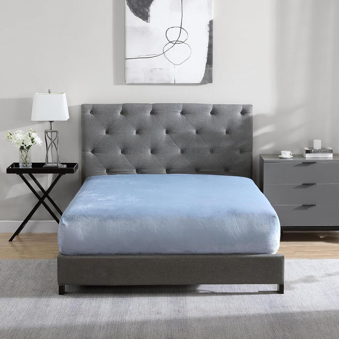 Cathay Home Full Plush Fur Fitted Sheet - Ultra Soft & Thick Plush Fur - All Season Cozy Warmth - 12" Deep Pocket Fitted Sheet Only (Full, Blue Fog)