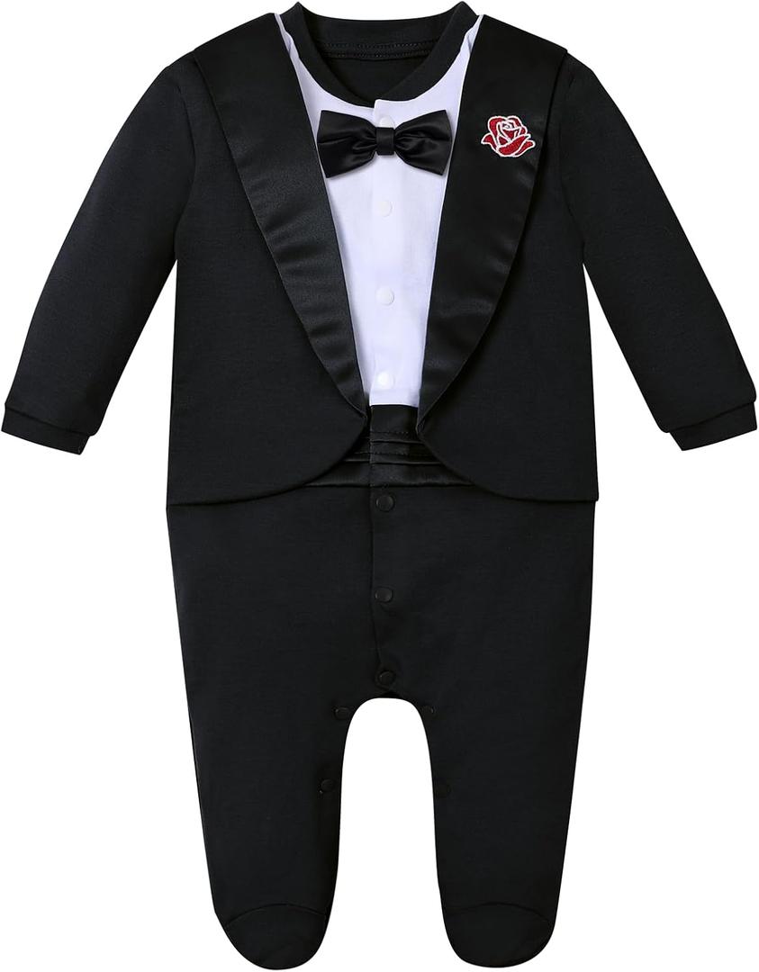 A&J DESIGN Baby Boy Tuxedo Gentleman Footie One-piece Romper with Bow Tie 80