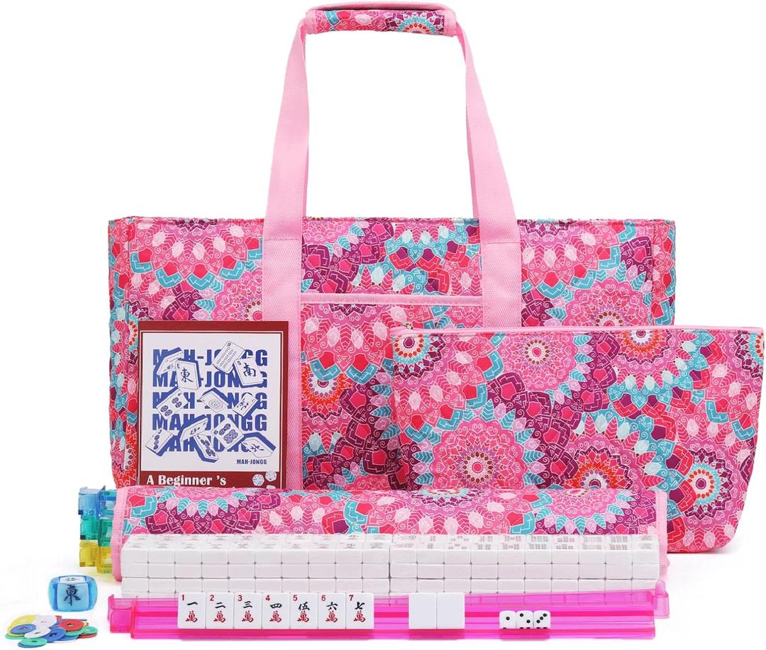 American Mahjong Tile Set with Pink Printed Carrying Bag, 166 Premium White Tiles, 4 All-in-One Color Racks/Pushers, Mah Jongg Sets, Complete Mahjong Game Set for Travel